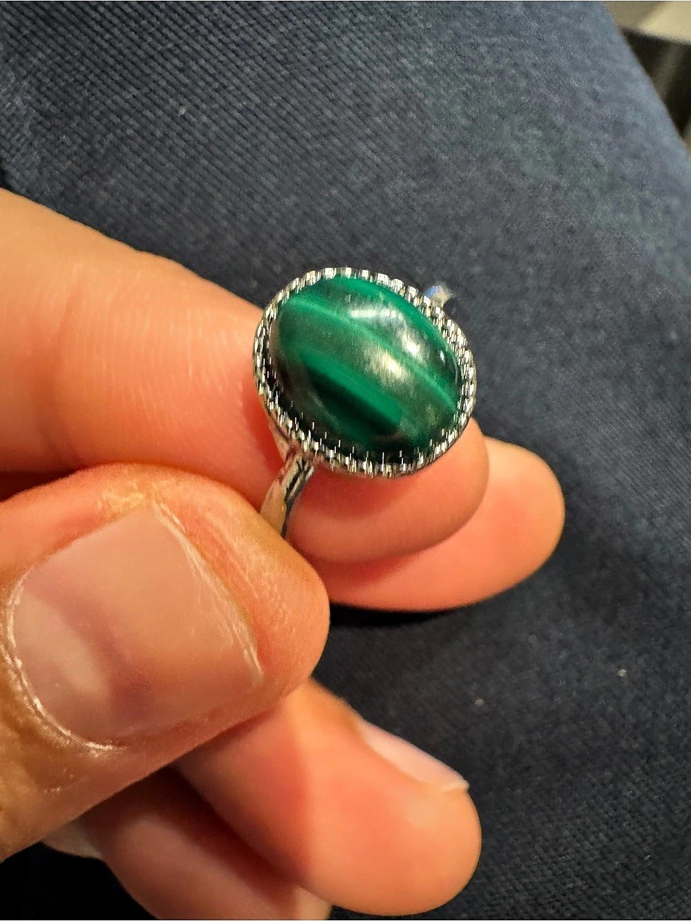 Natural MALACHITE Oval Stone Silver-Tone Ring Adjustable